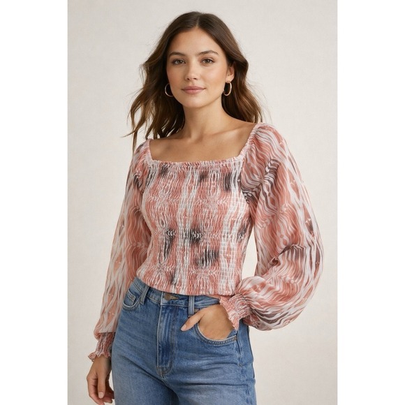 Anthropology Tops - Anthropologie Pink/ White Smocked Crop Top XS Boho Peasant Puff Sleeve Blouse